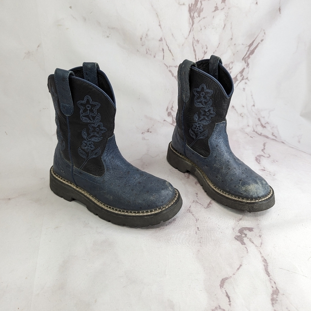 Roper Boots Womens 6 Blue Black Ostrich Leather Western Cowboy Floral - Picture 2 of 11